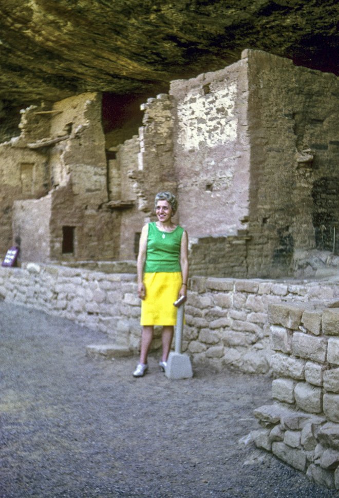Free image of Woman posing in front of ancient ruins, USA