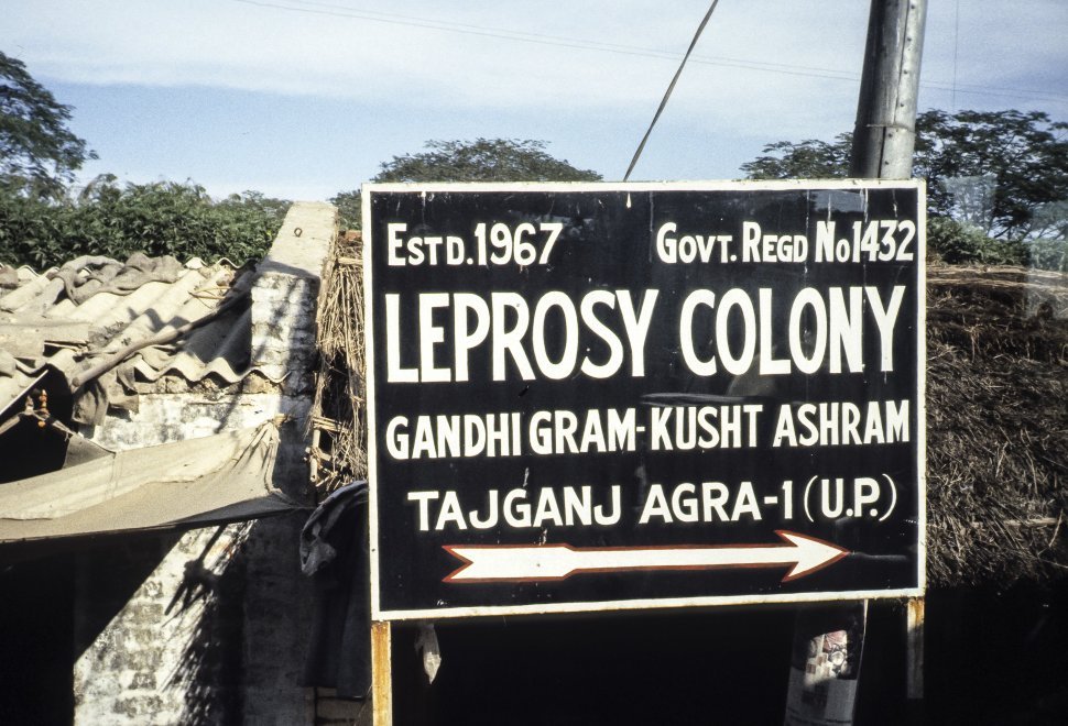 Free image of A sign for the Leprosy colony at an ashram in Tajganj Agra, India