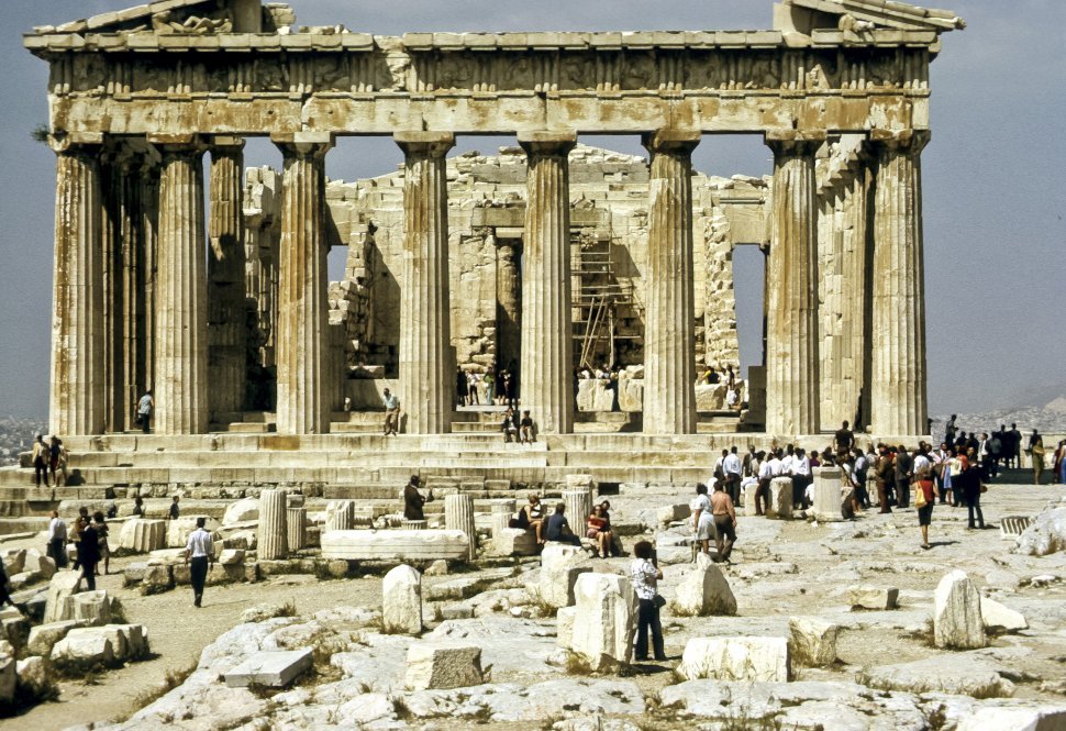 Free image of Large group of tourists photographing the Parthenon, Athens, Greece