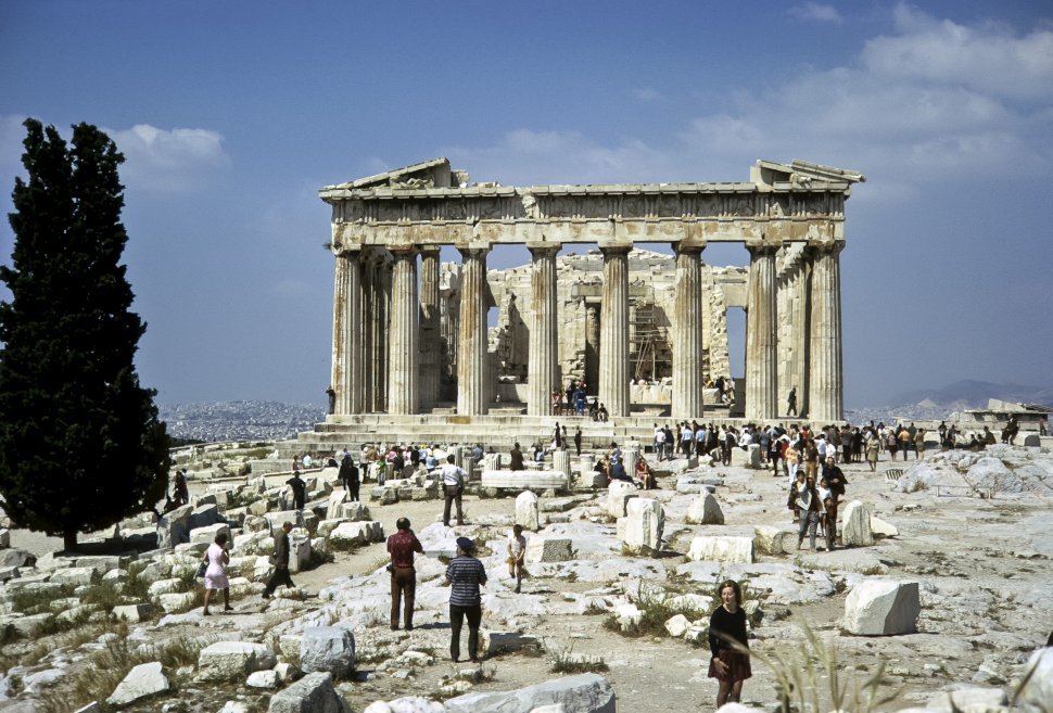 Free image of Large group of tourists photographing the Parthenon, Athens, Greece