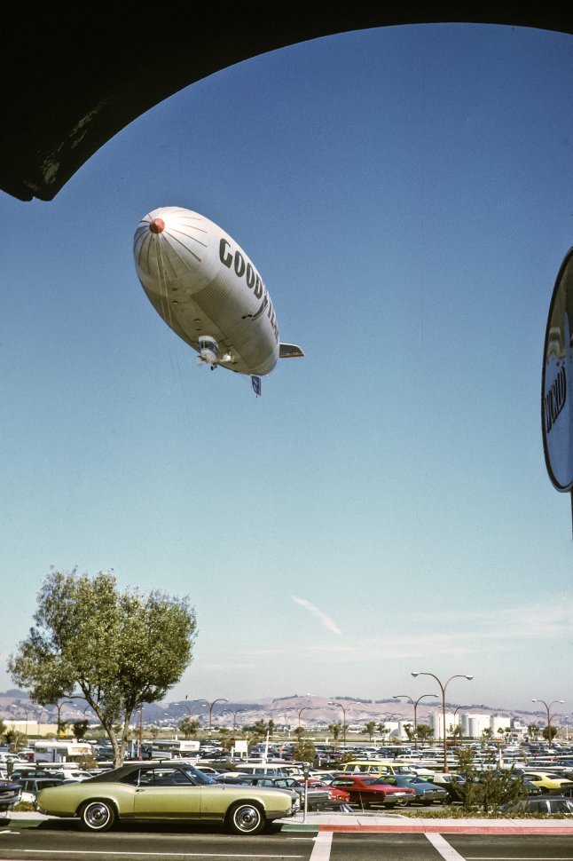 Free image of The Goodyear Blimp flying over Moffett Field, Palo Alto, California, USA