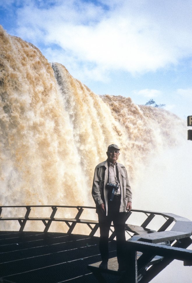 Free image of Man posing on platform in front of a Iguazu Falls, Brazil
