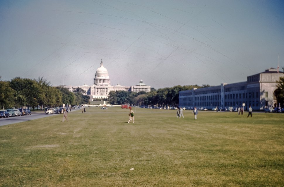 Free image of Large group of people walking across a lawn in front of the Capitol building, Washington D.C., USA
