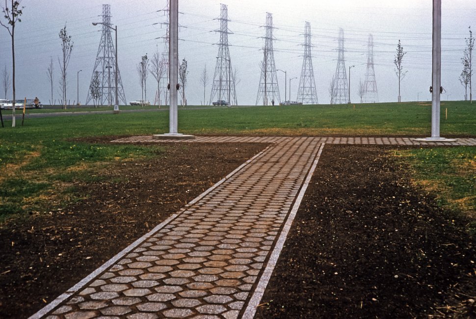 Free image of Misty field and power lines at the dedication of the Moses-Saunders Dam on June 27, 1959, St. Lawrence River, New York, USA